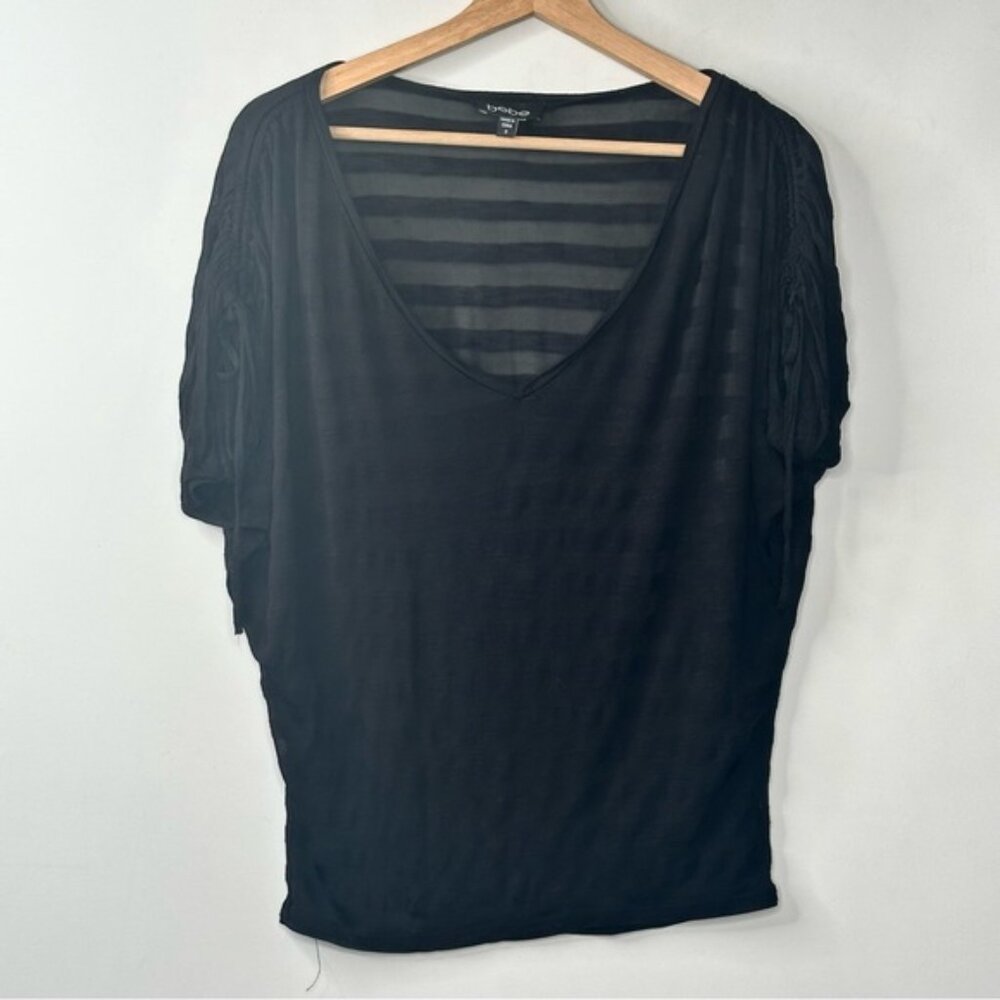 Bebe Black Semi Sheer V Neck Dolman Short Sleeves Pullover Top